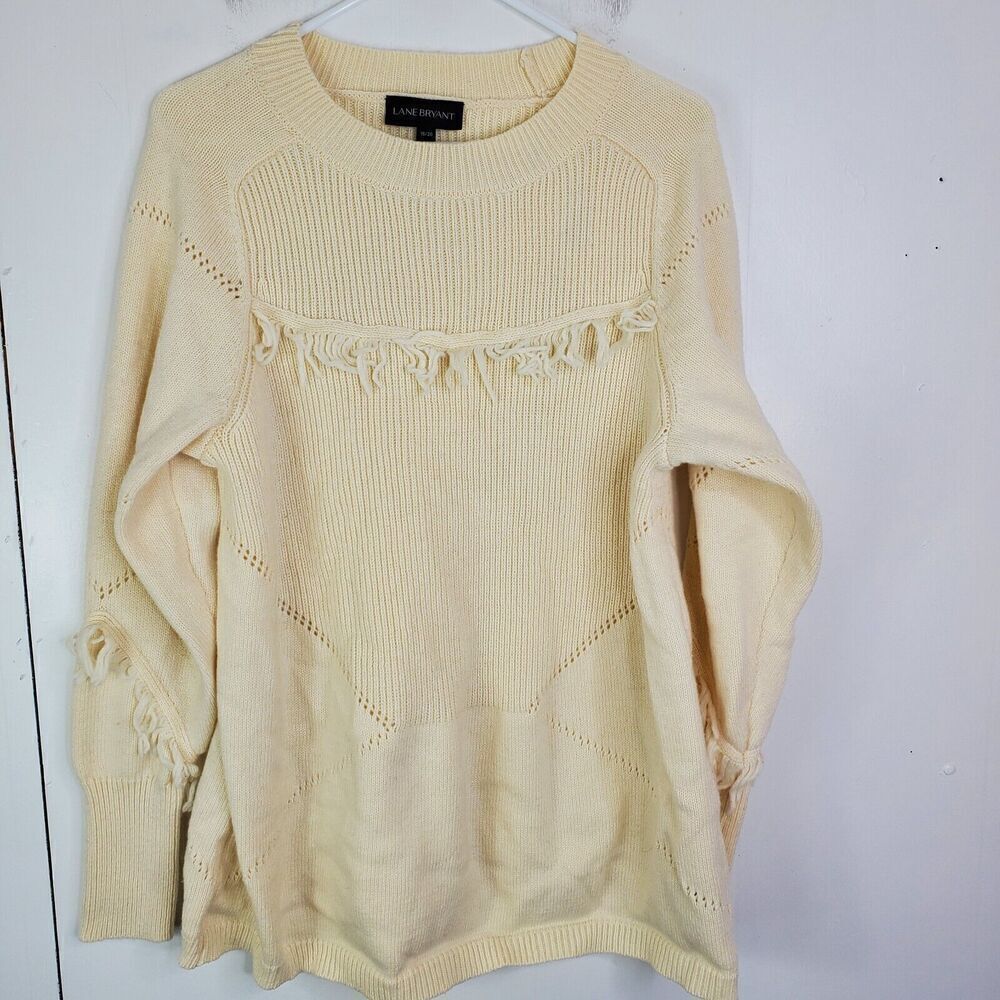 Lane Bryant Sweater Womens 18 20 Fringe Accent Knit Pointelle Cream Neutral